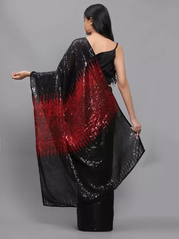 women's silk & georgette red saree with unstiched blouse piece