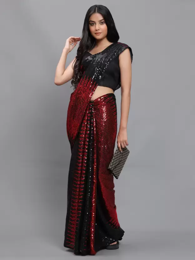 women's silk & georgette red saree with unstiched blouse piece