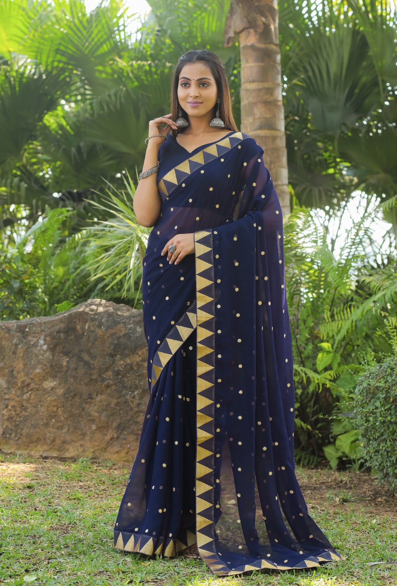 georgette women's black silk saree with embroidary work (blue 0152-22 )