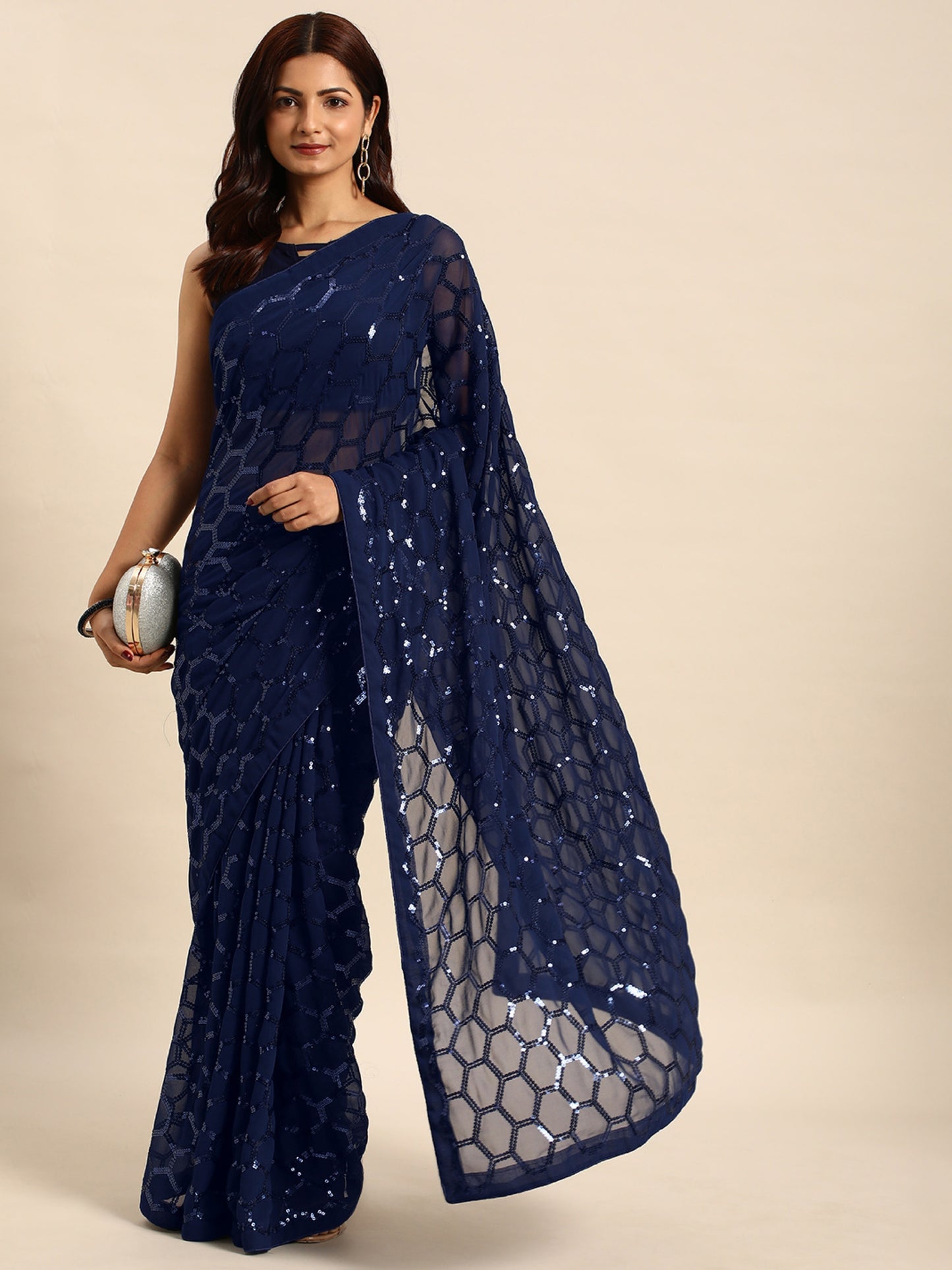 georgette women's black silk saree with pipping border,sequence work (blue 0163 )