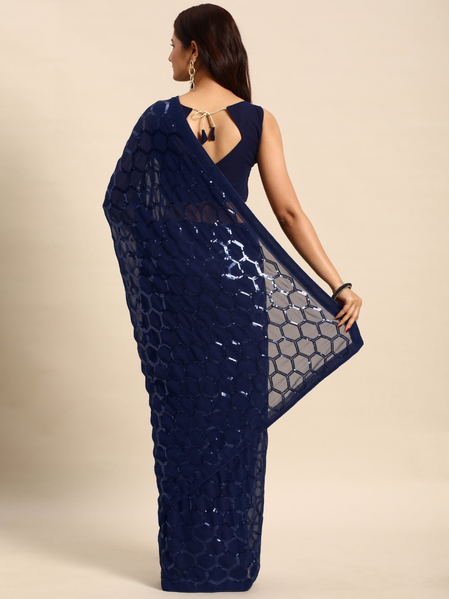 georgette women's black silk saree with pipping border,sequence work (blue 0163 )