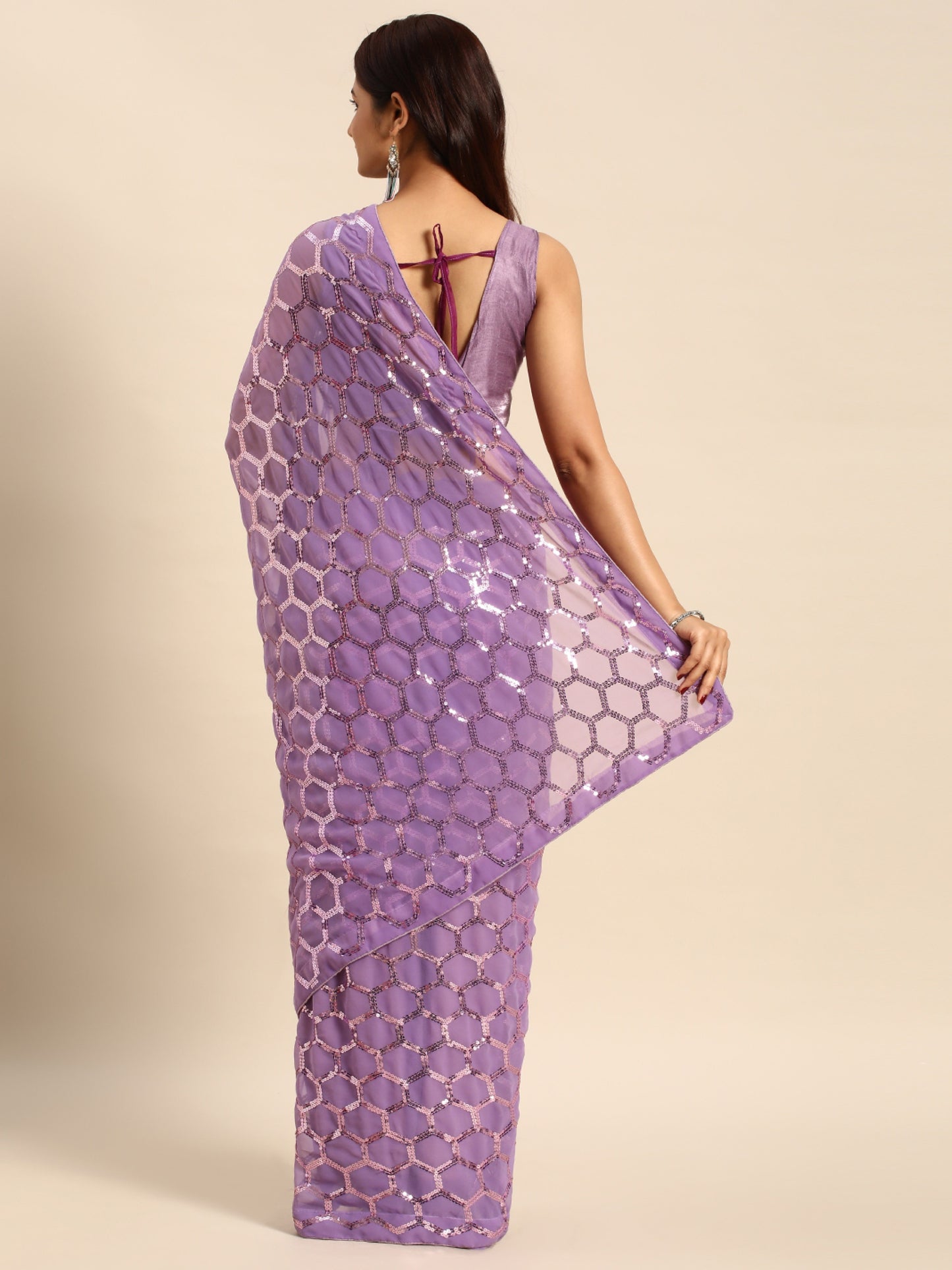 georgette women's black silk saree with pipping border,sequence work (purple0163 )