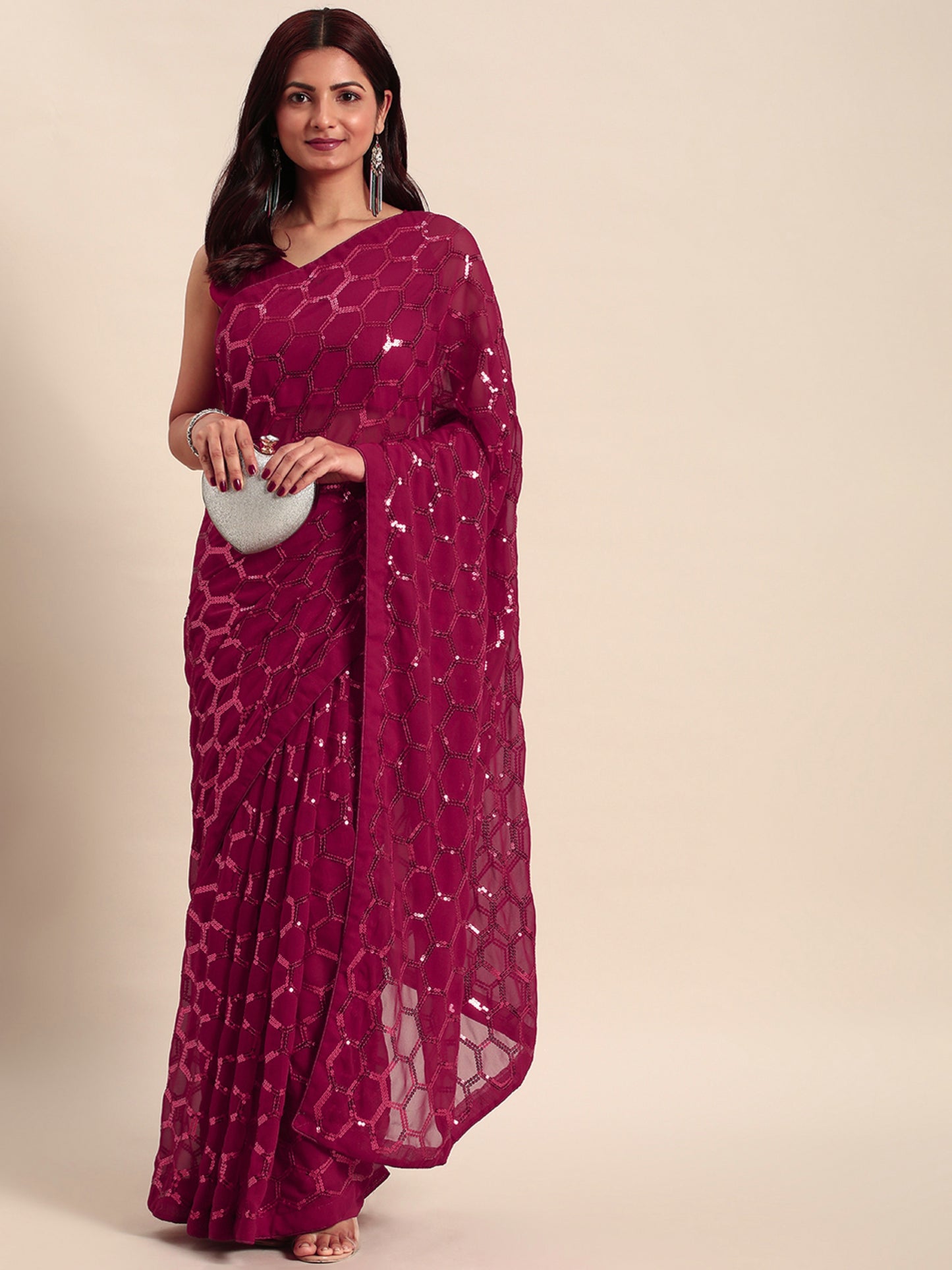 georgette women's black silk saree with pipping border,sequence work (pink0163 )