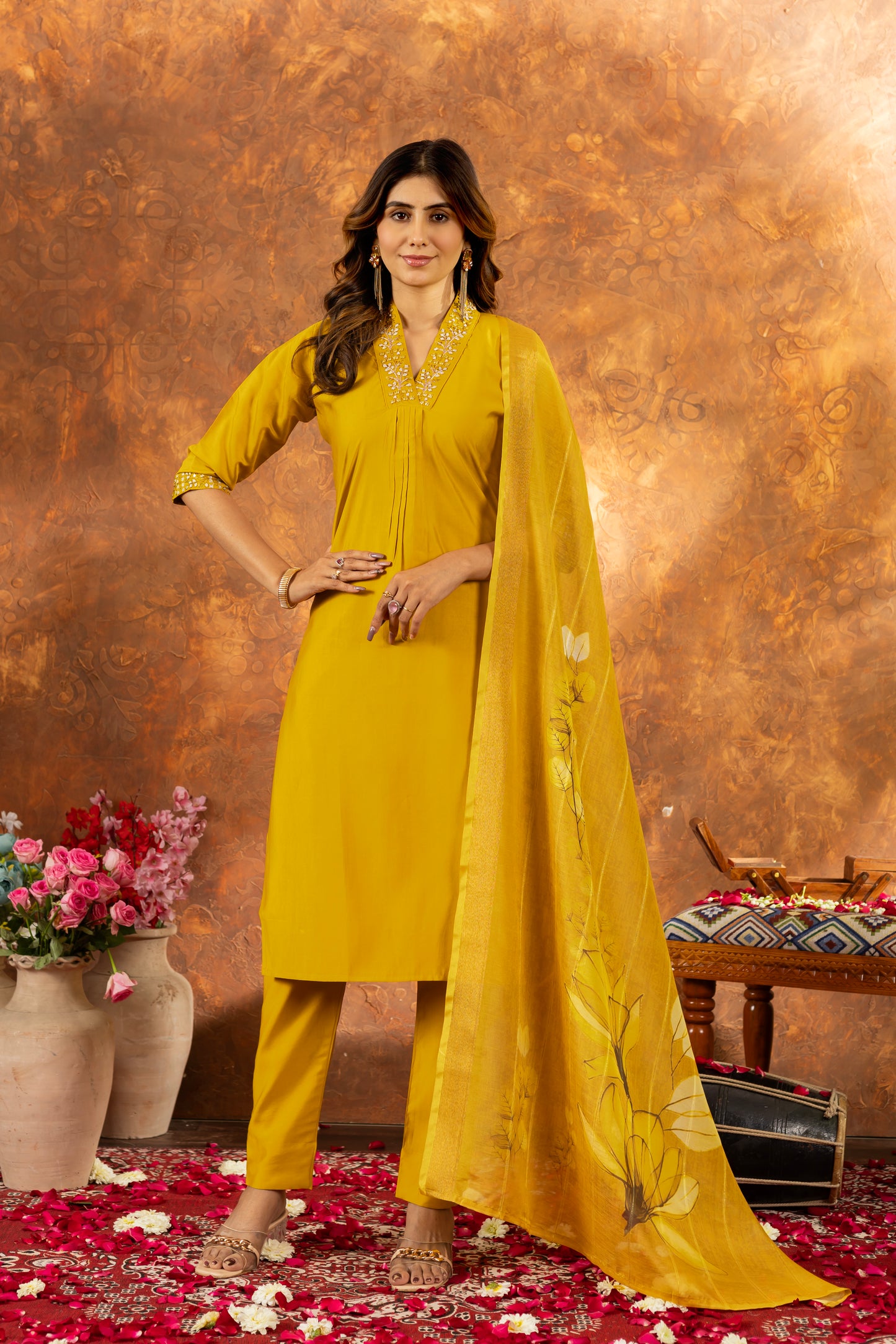 elegant mustard yellow kurti set with floral dupatta – perfect for every occasion