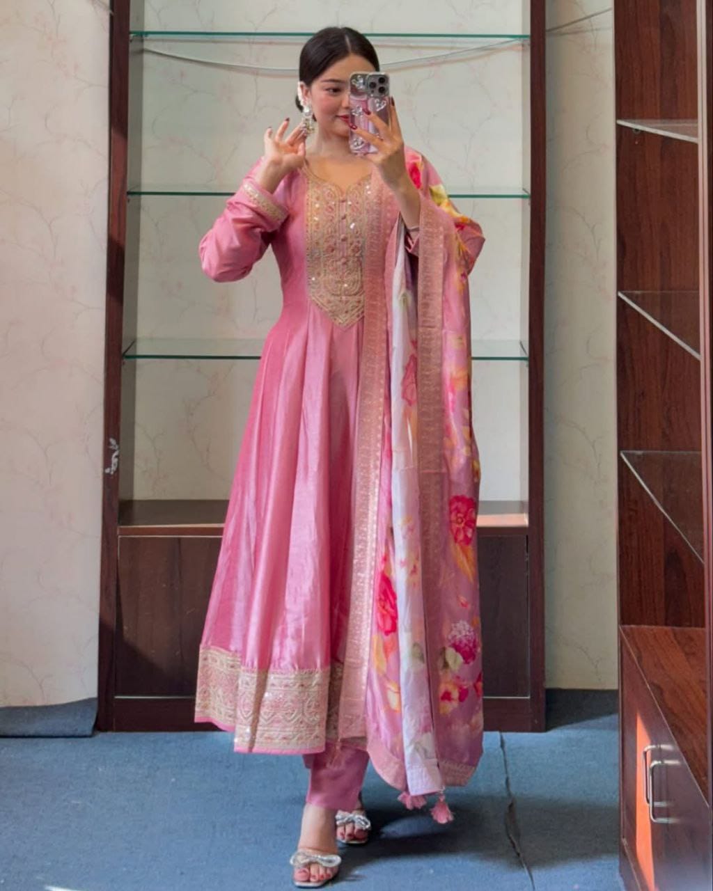 most magnificent banana silk anarkali style suit set