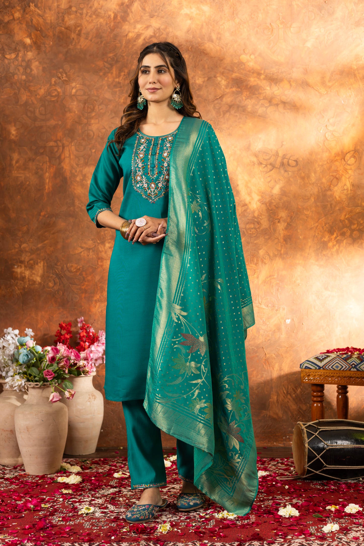 elegant festive kurti set with embroidered neckline & silk dupatta