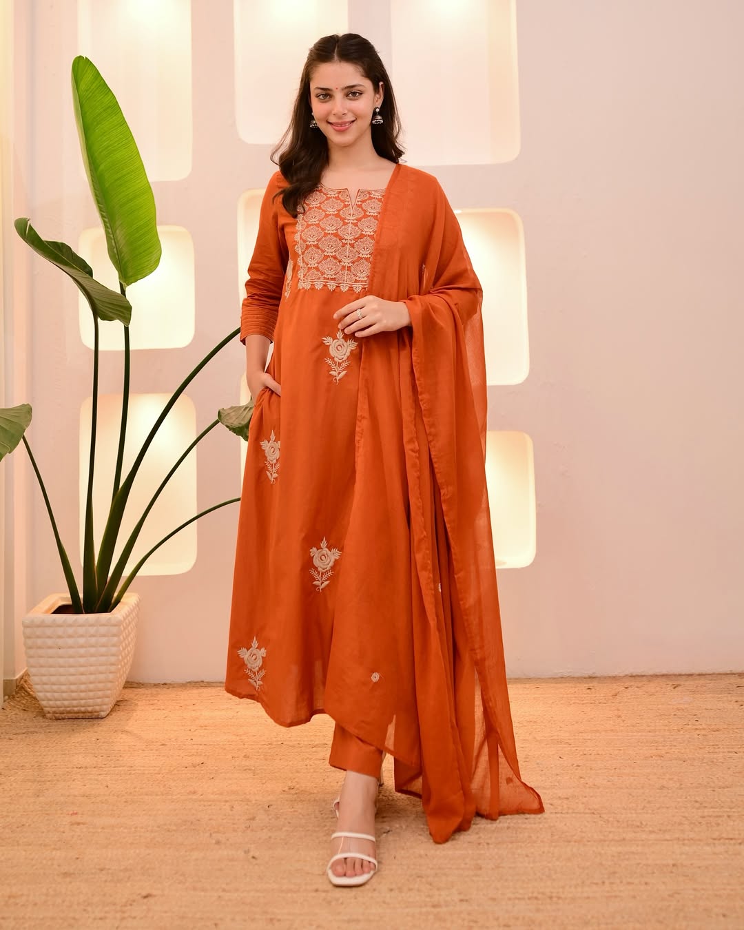 elegant white anarkali kurti with embroidered dupatta – festive & party wear