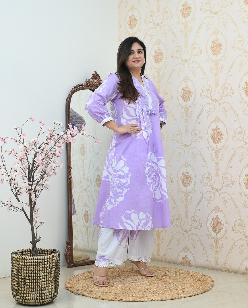 elegant lavender floral kurti set – graceful ethnic wear