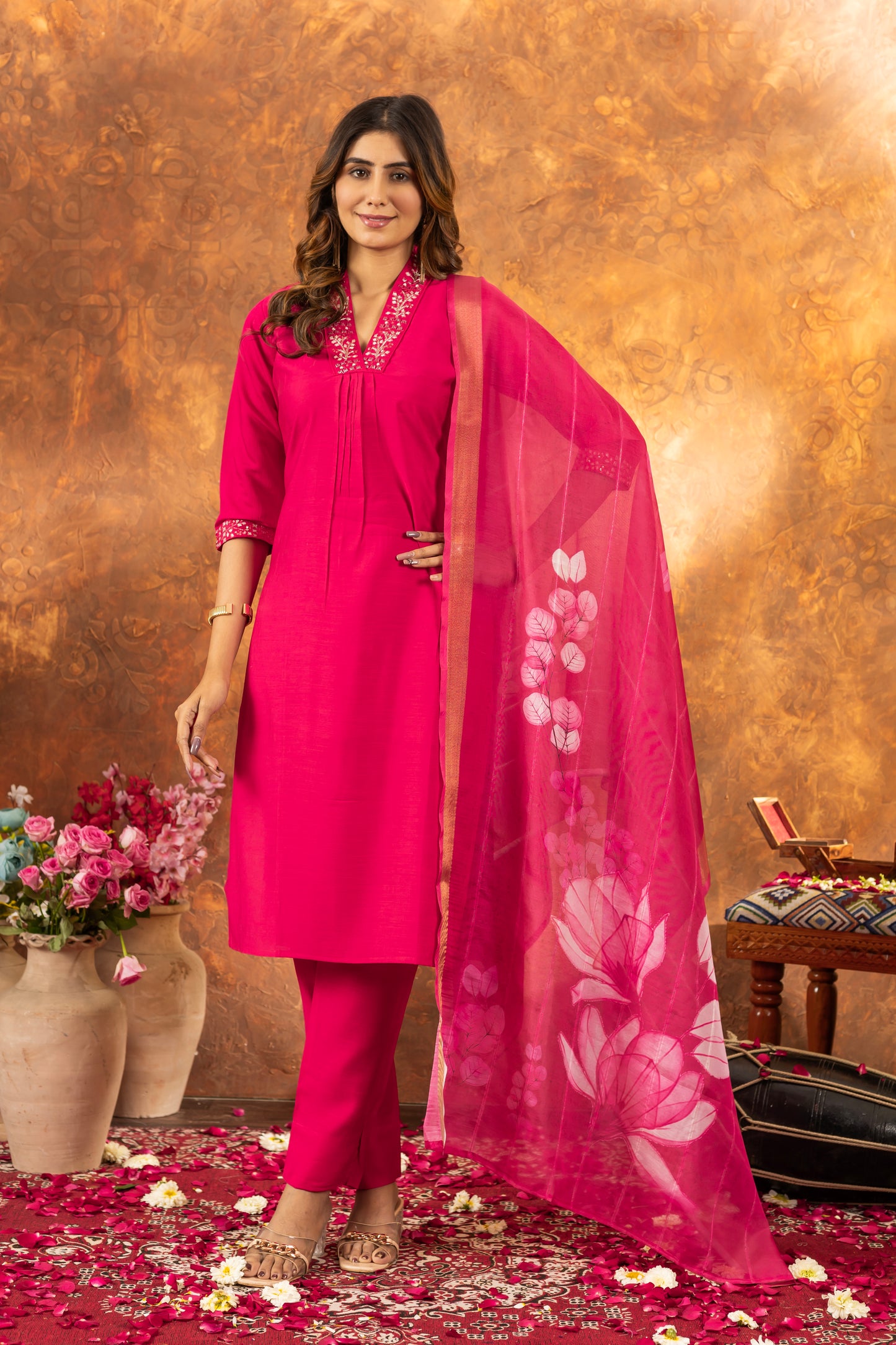elegant pink kurti set with floral dupatta – perfect for every occasion