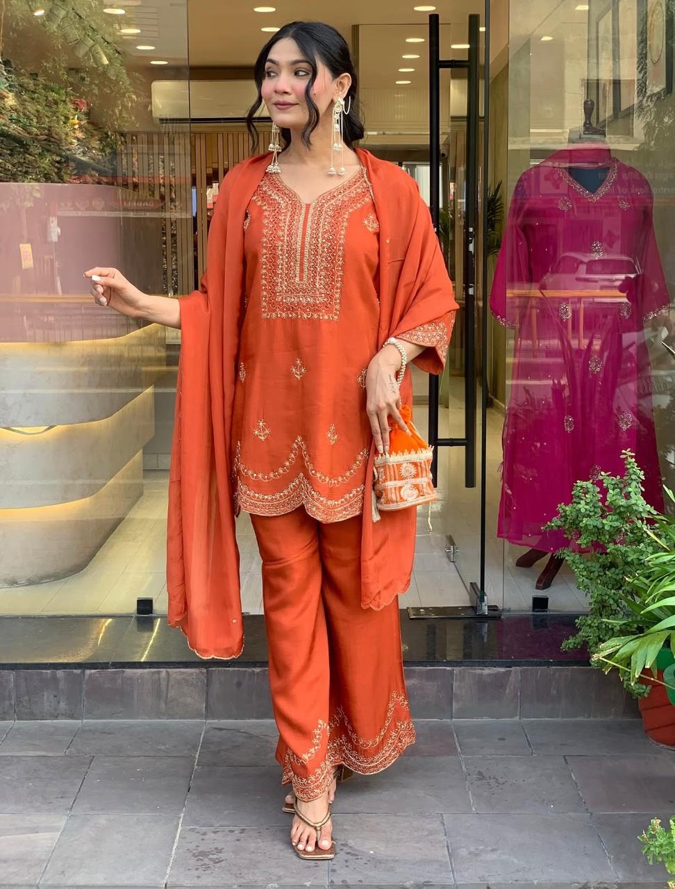 presenting the navratri special 3 pcs premium plazo set in pure roman silk fabric with to make you the centre of attention