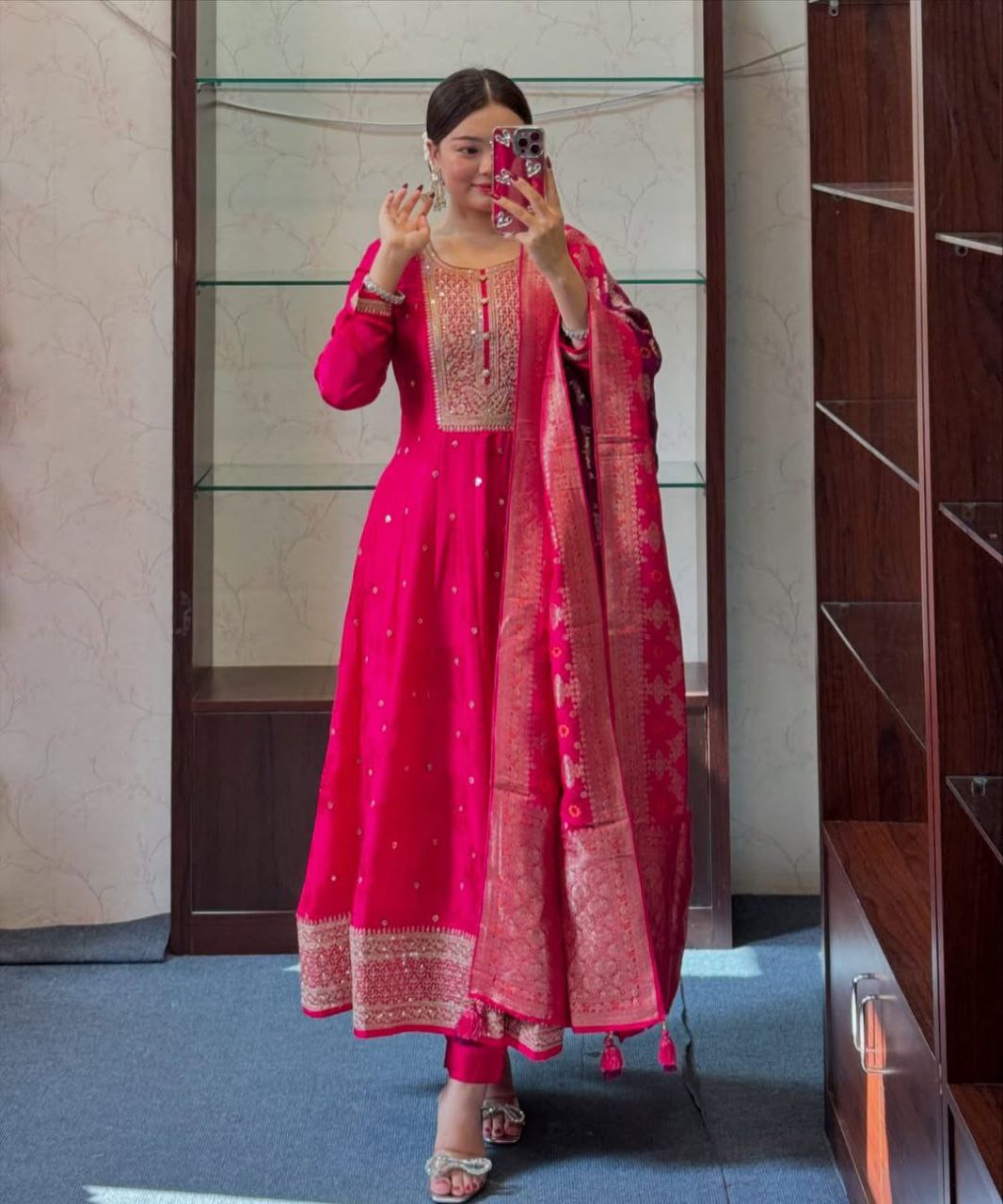 elegant hot pink anarkali – intricate embroidery & rich dupatta