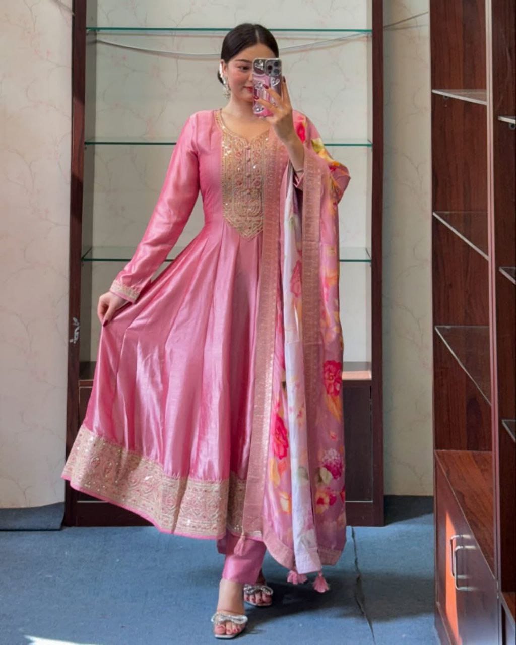 most magnificent banana silk anarkali style suit set