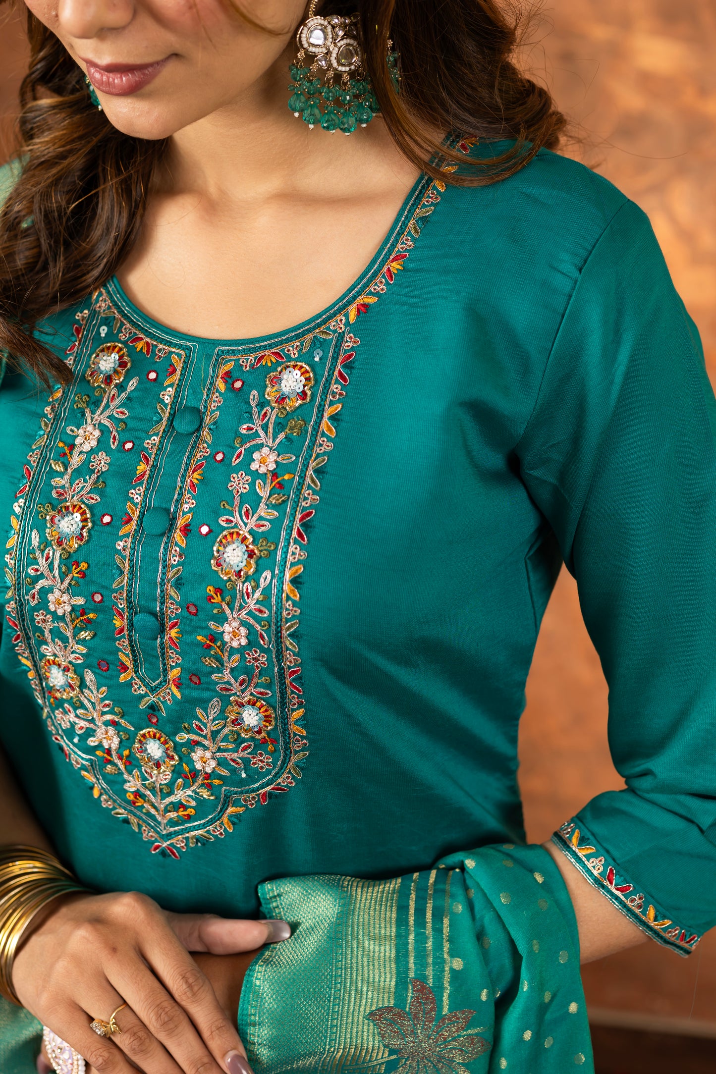 elegant festive kurti set with embroidered neckline & silk dupatta