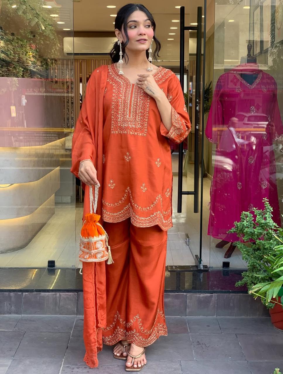 presenting the navratri special 3 pcs premium plazo set in pure roman silk fabric with to make you the centre of attention