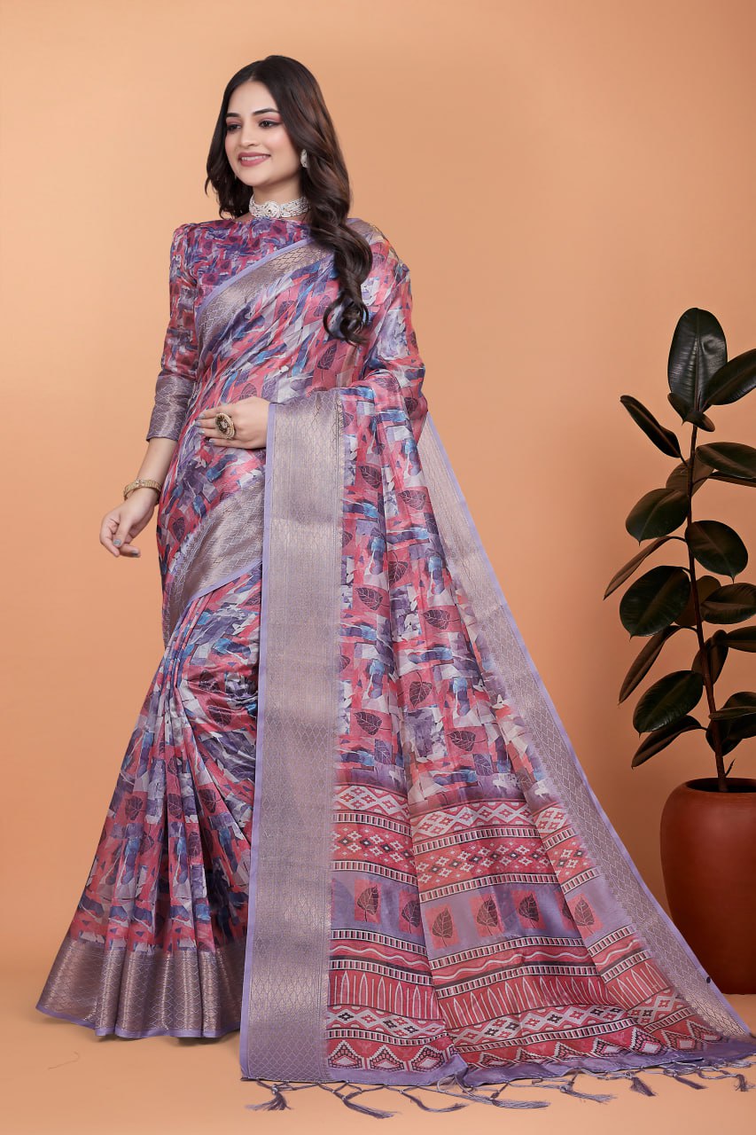 lavender & pink soft silk saree with copper zari border & leaf print (gg-513)