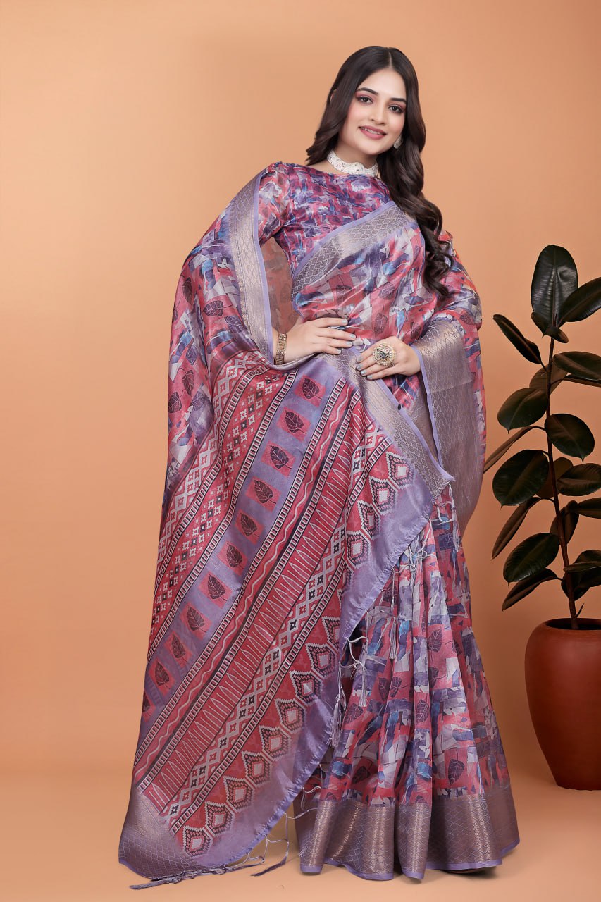 lavender & pink soft silk saree with copper zari border & leaf print (gg-513)