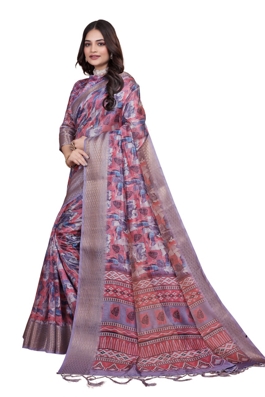 lavender & pink soft silk saree with copper zari border & leaf print (gg-513)