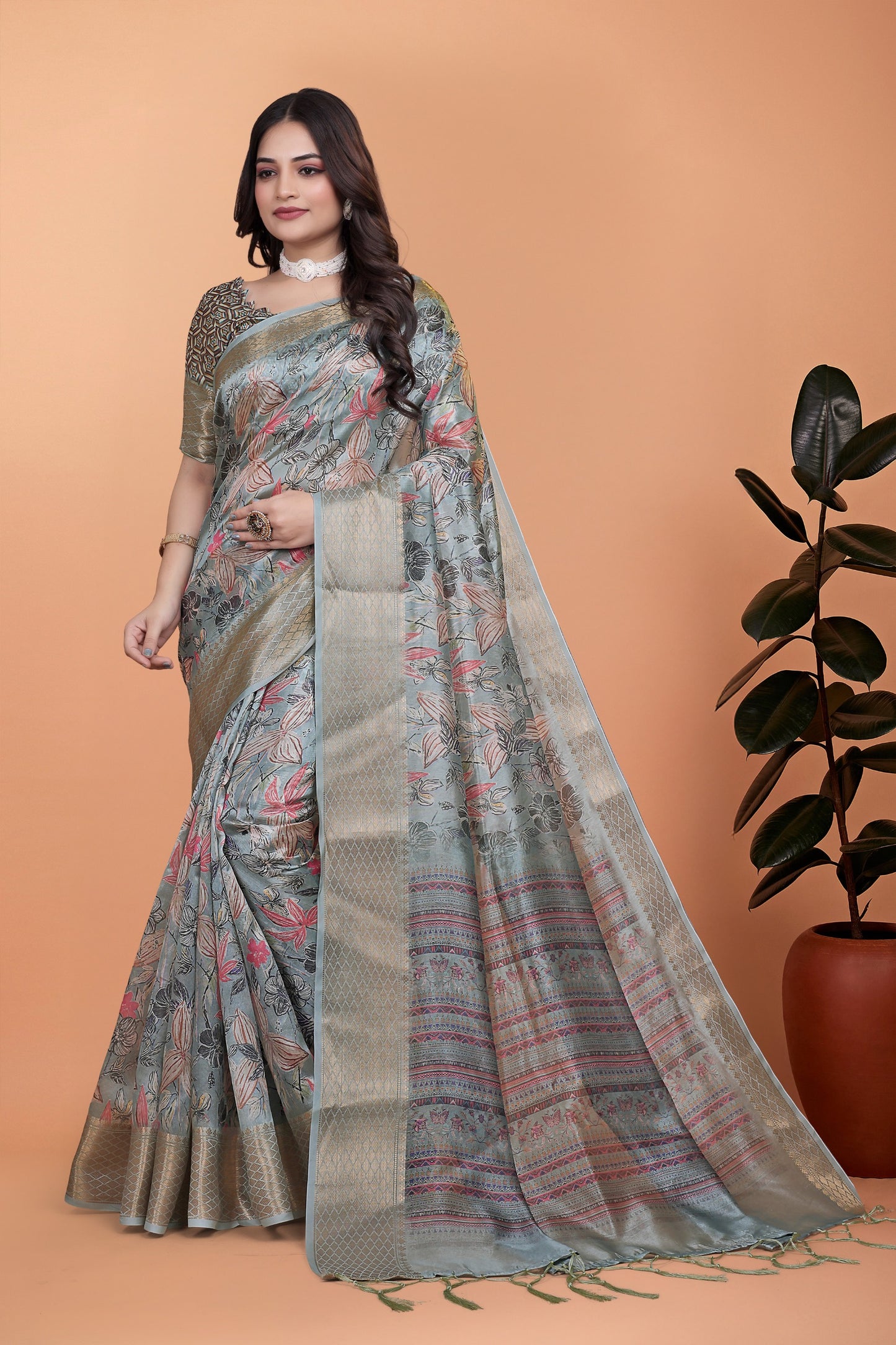 soft blue-green floral printed silk saree with zari border (gg-516 )