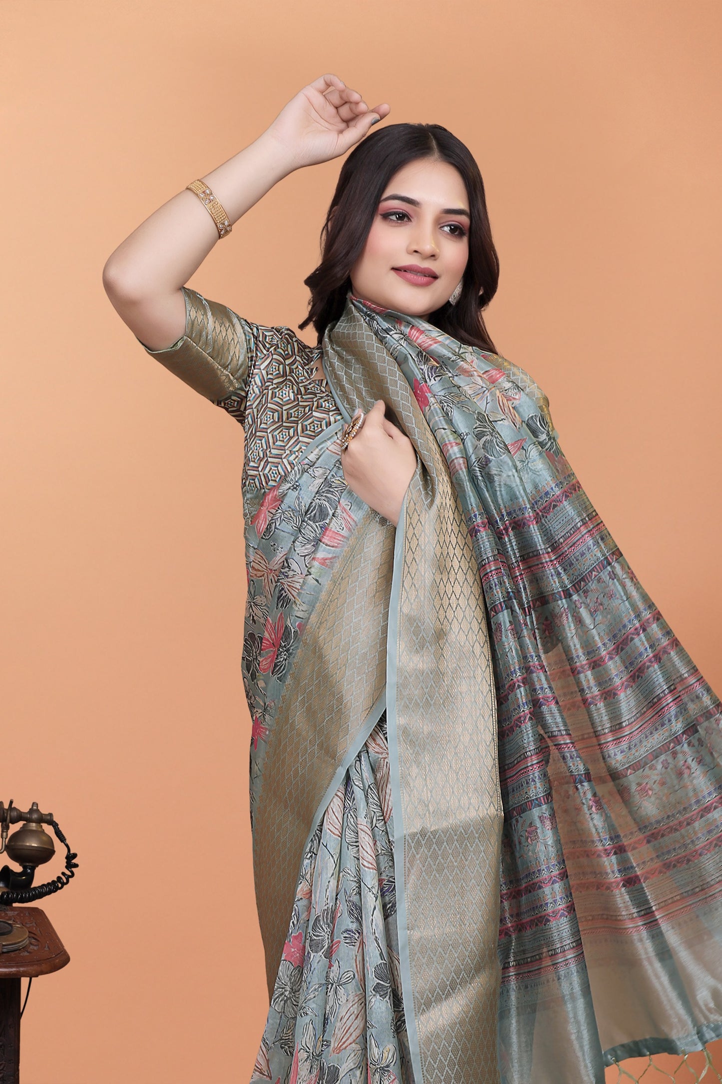 soft blue-green floral printed silk saree with zari border (gg-516 )