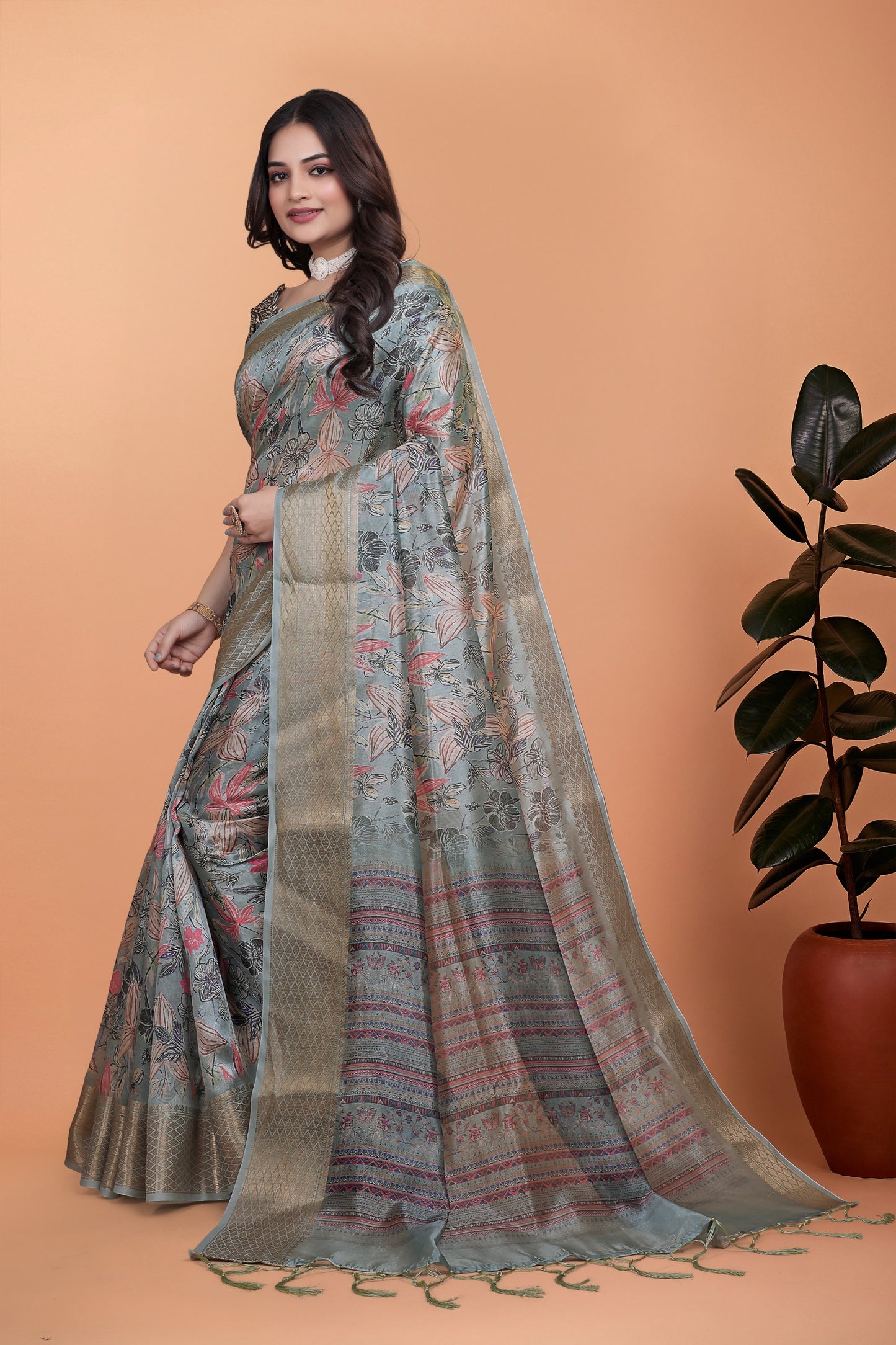 soft blue-green floral printed silk saree with zari border (gg-516 )