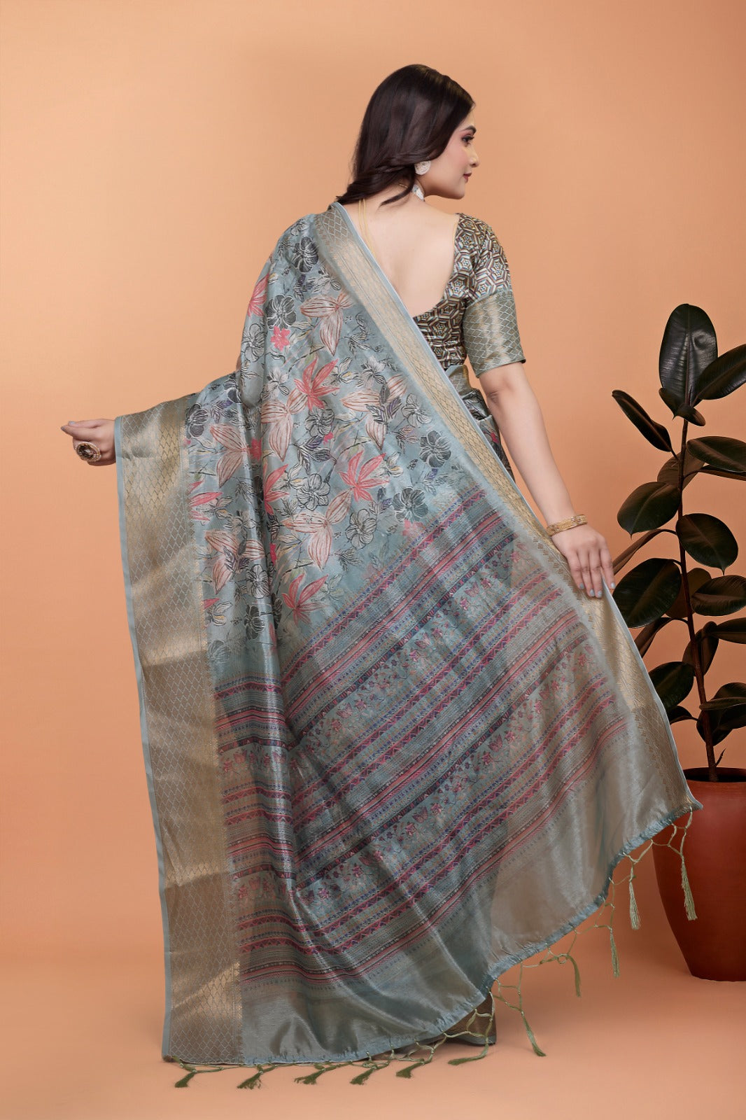 soft blue-green floral printed silk saree with zari border (gg-516 )