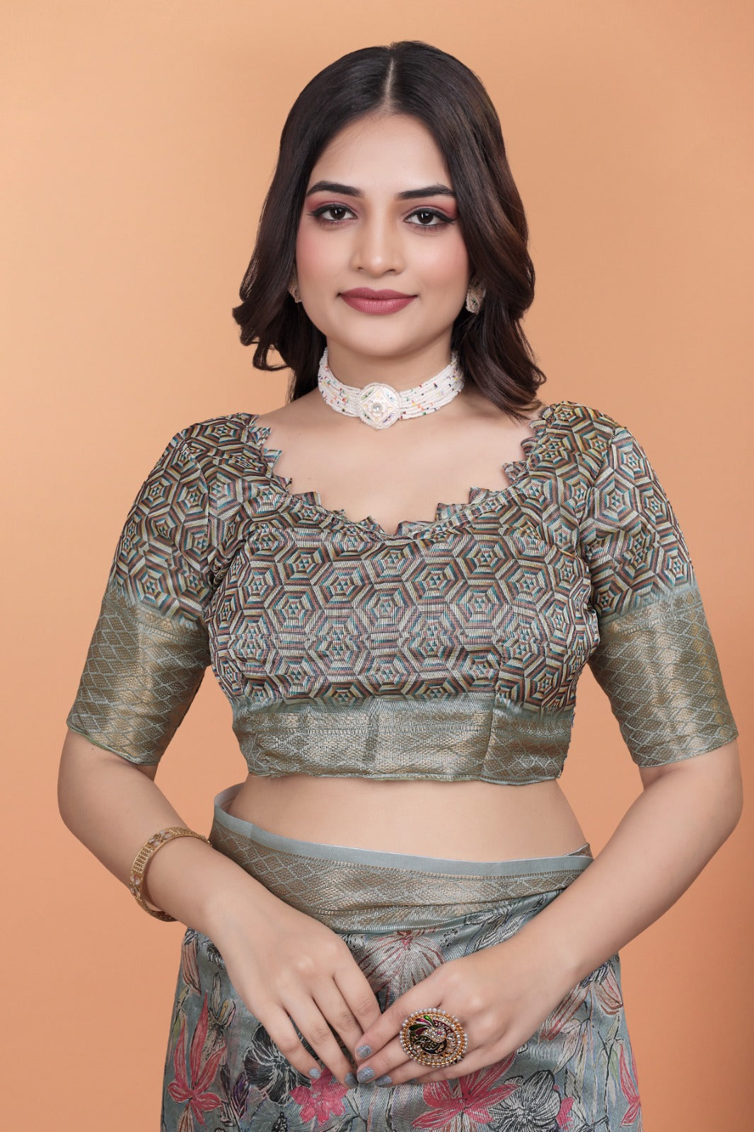 soft blue-green floral printed silk saree with zari border (gg-516 )