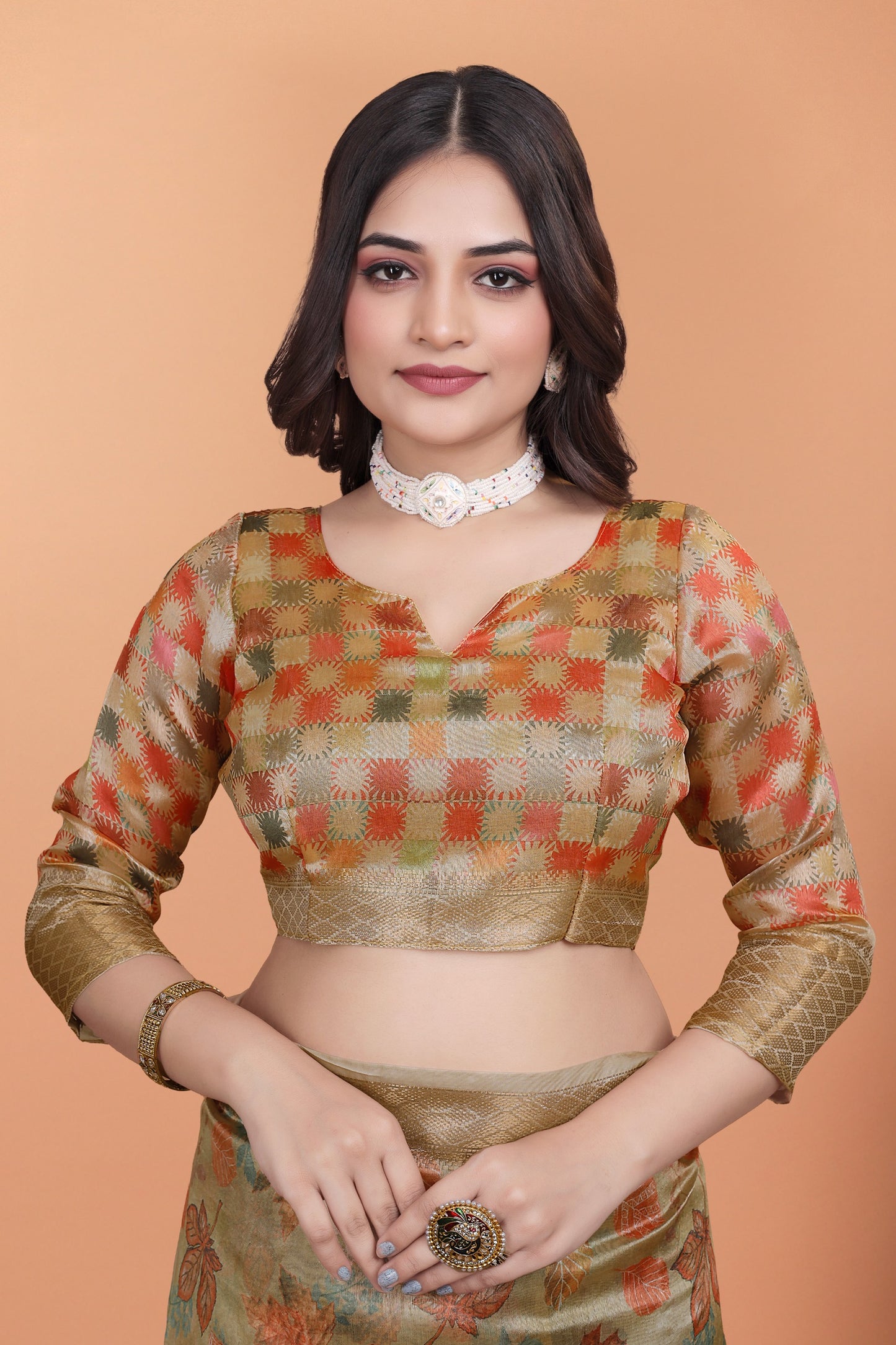 golden beige soft silk saree with autumn leaf print & traditional pallu (gg-518 )