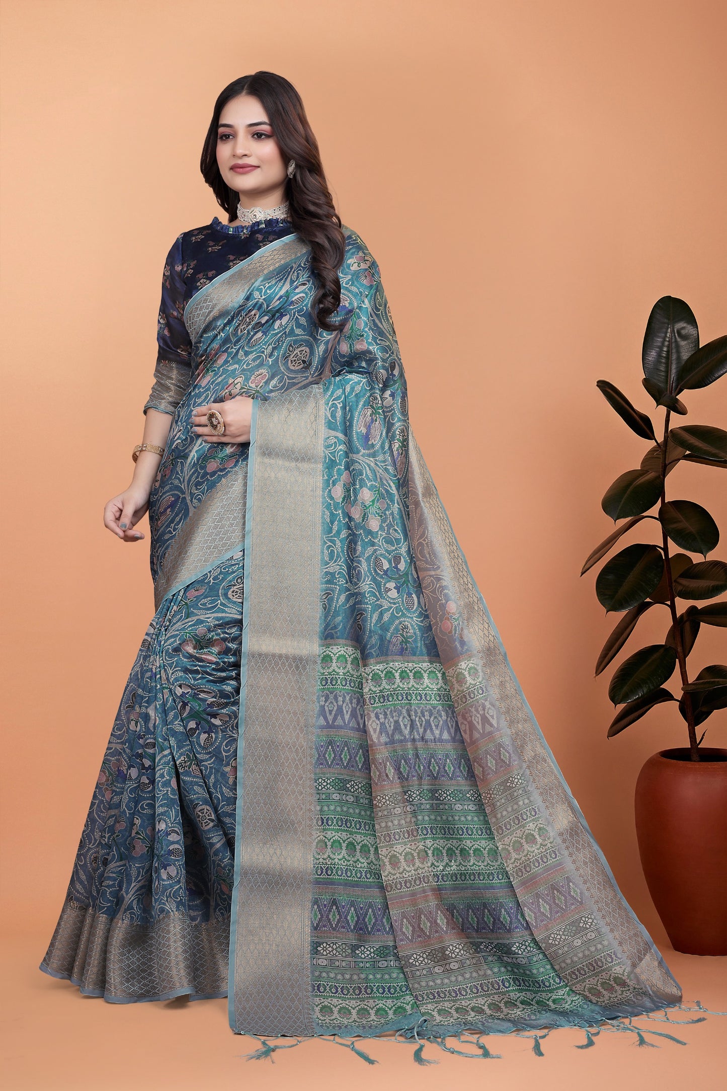 peacock blue soft silk saree with floral zari weave & multi-color pallu ( gg-520 )