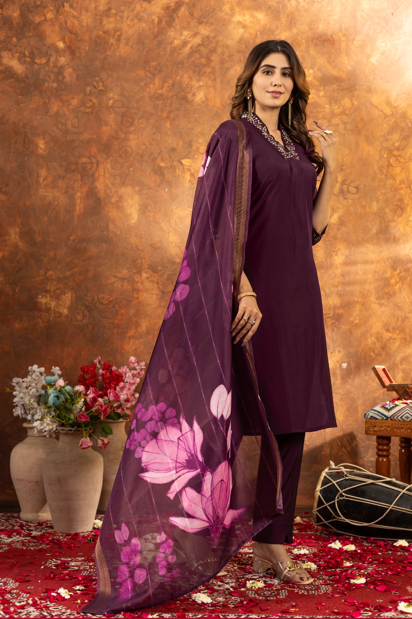 elegant wine kurti set with floral dupatta – perfect for every occasion