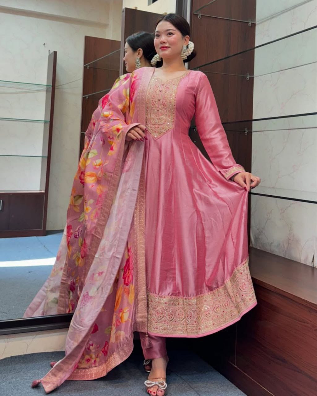 most magnificent banana silk anarkali style suit set