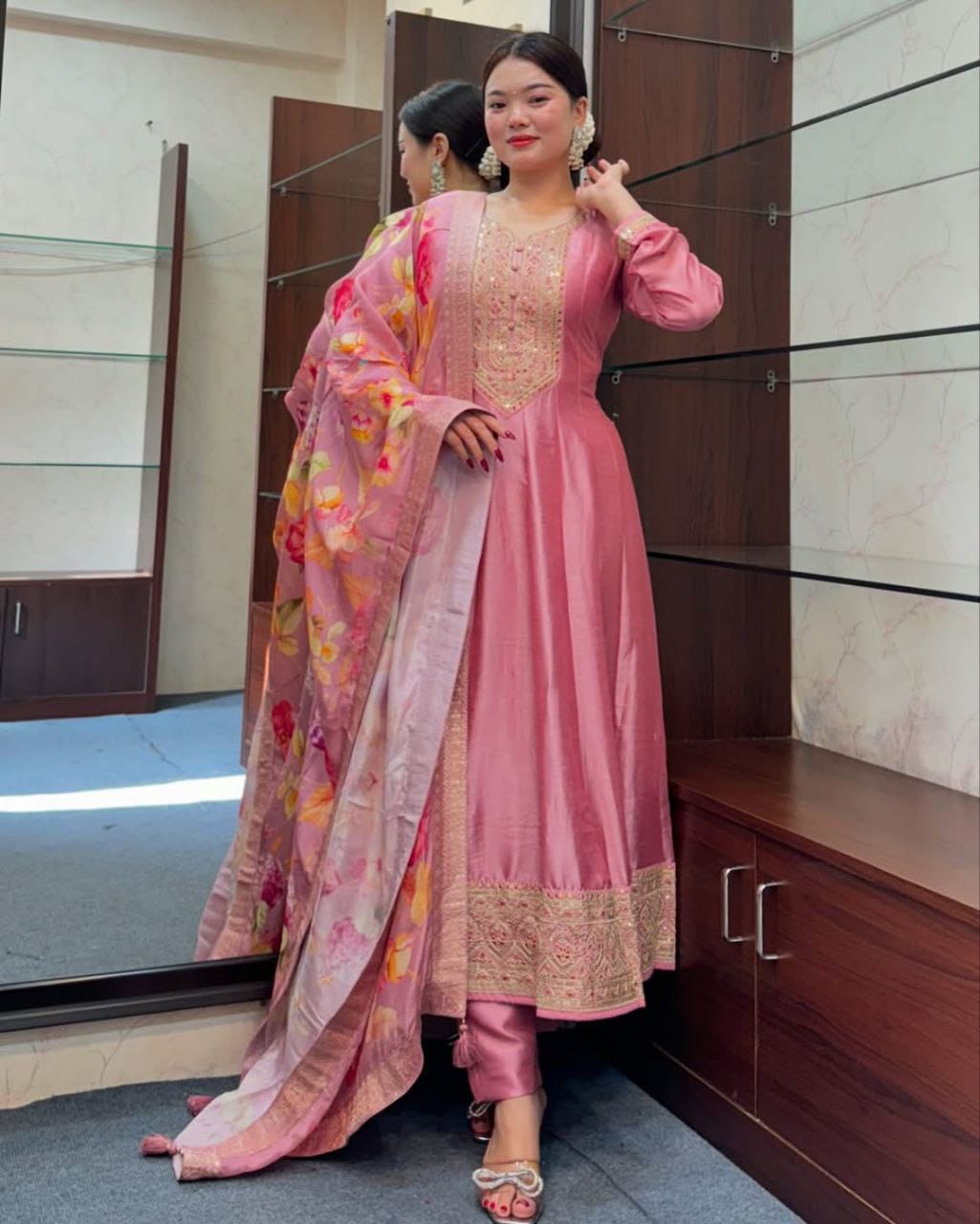 most magnificent banana silk anarkali style suit set