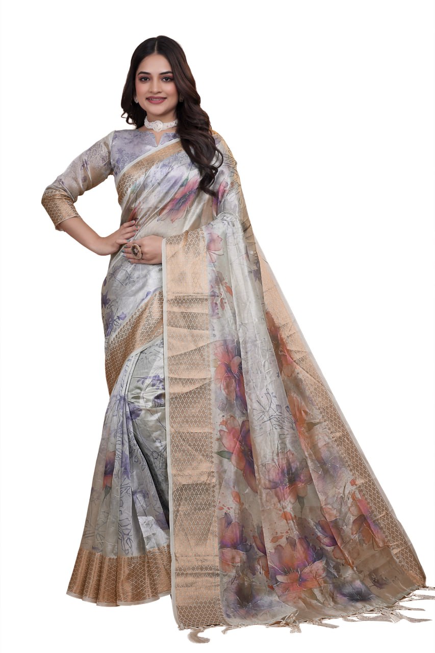 elegant beige soft silk saree with multicolor floral print & golden zari border ( gg-505 )