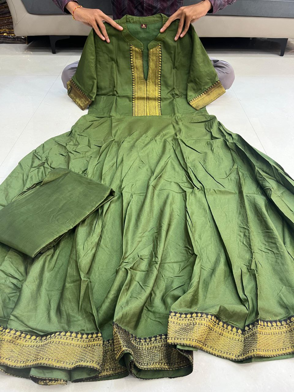 classic green kurta set – traditional touch with golden border