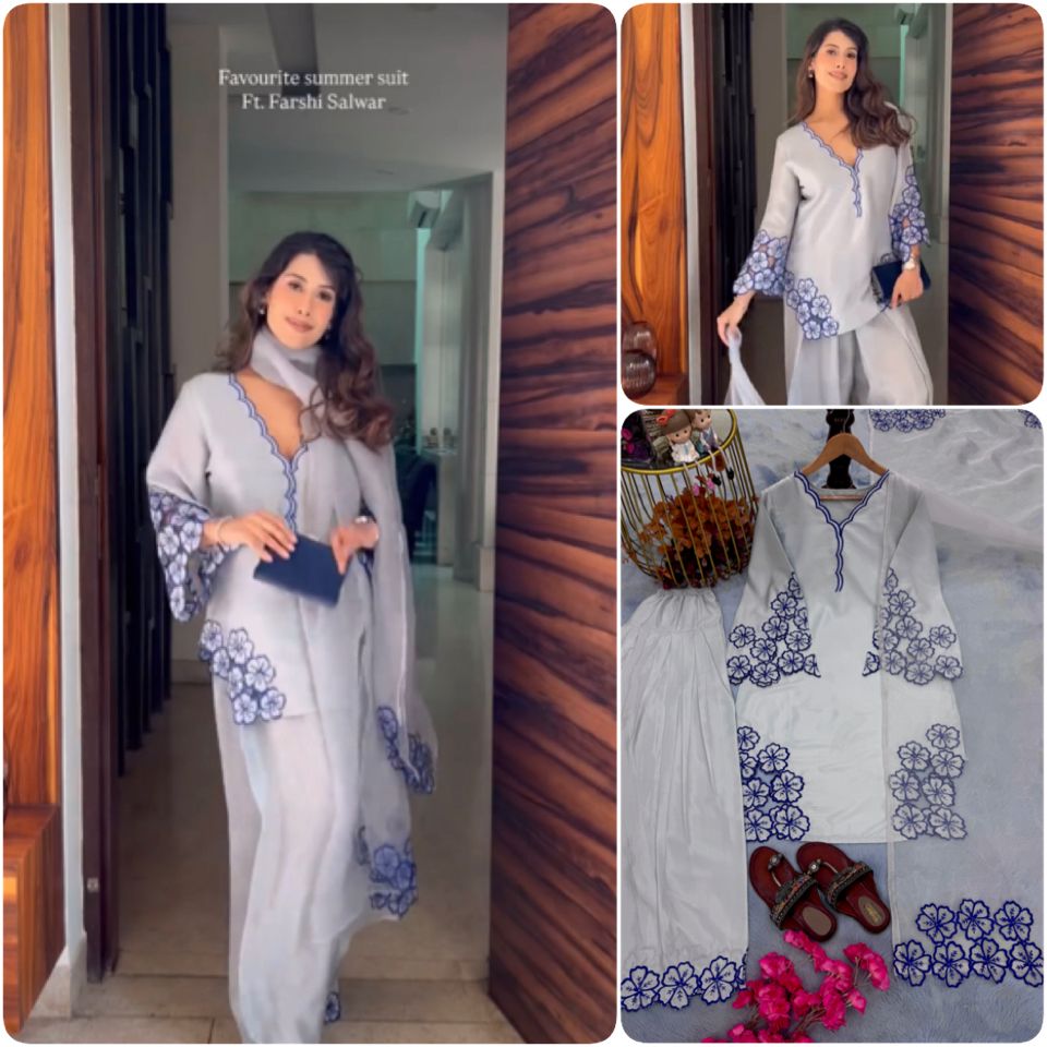 💃 đěsigner party wear look pur natural crepe top & farshi palazzo with dupatta set