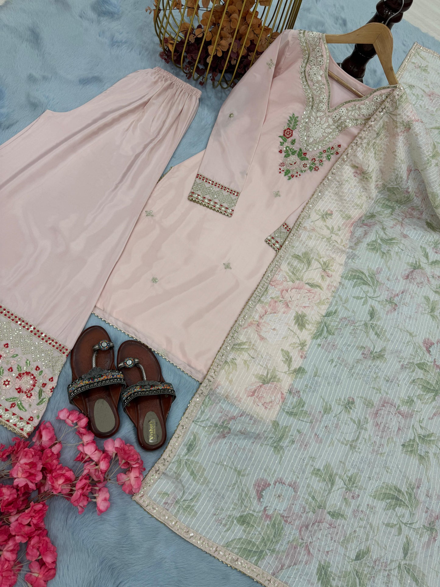 💃 đěsigner party wear look pur natural crepe top & palazzo with dupatta set