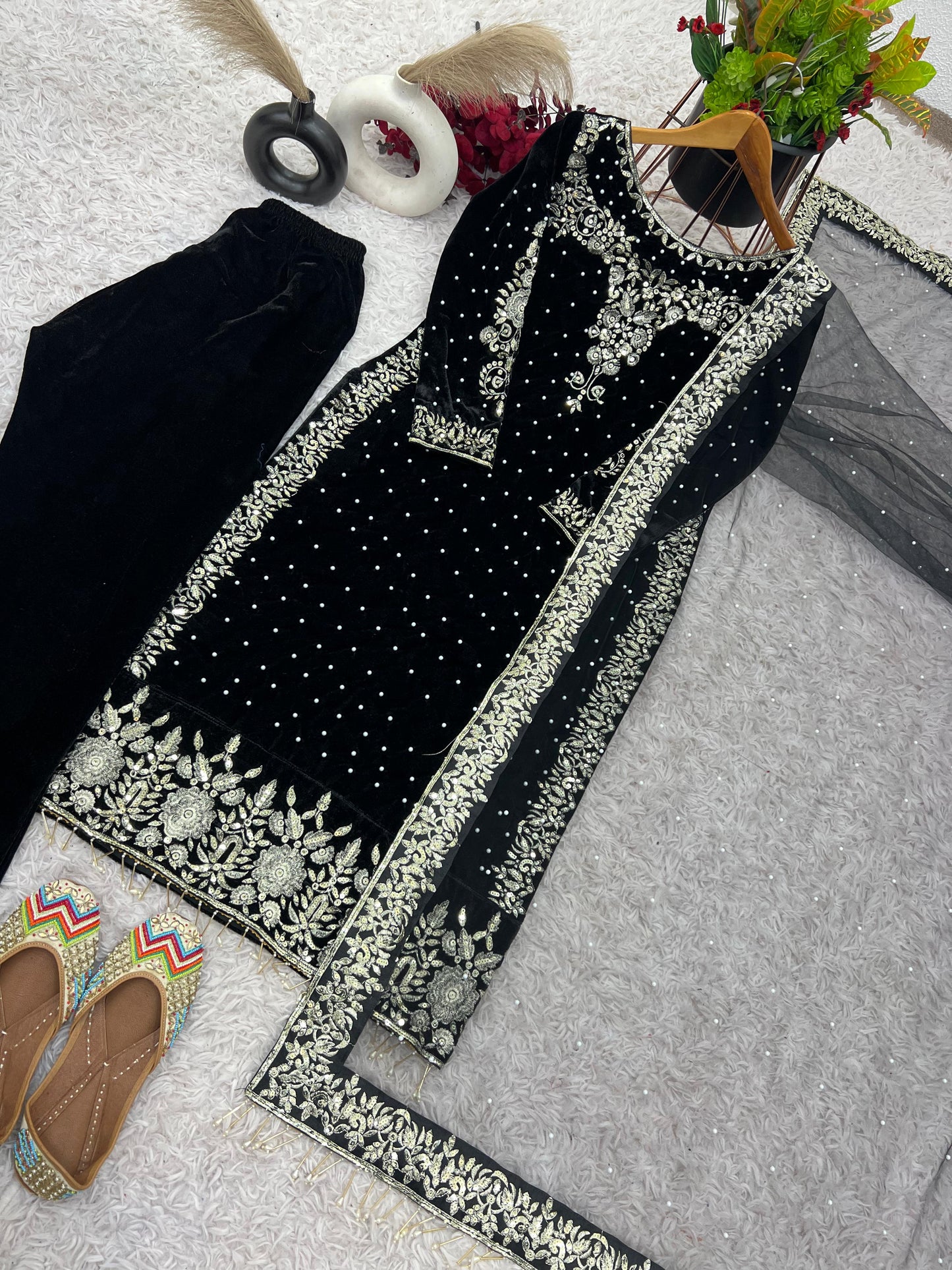 party wear viscose velvet designer look top-dupatta and fully stiched bottom with heavy embroidery siquance work