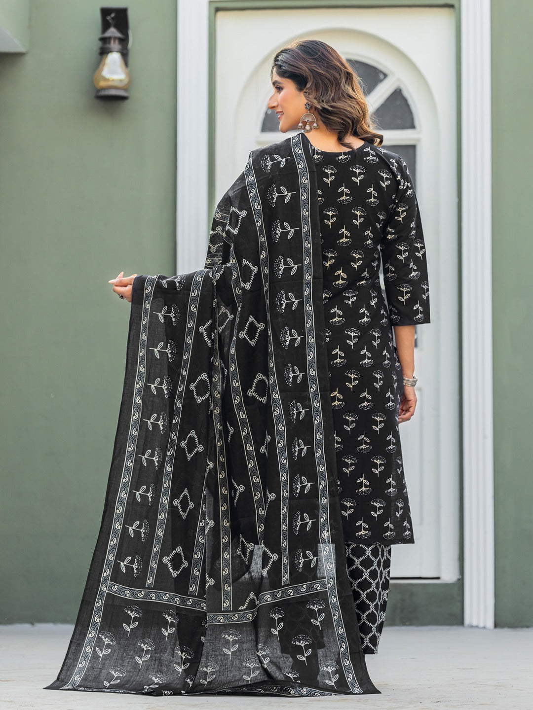 elegant black printed kurta set with coordinated dupatta