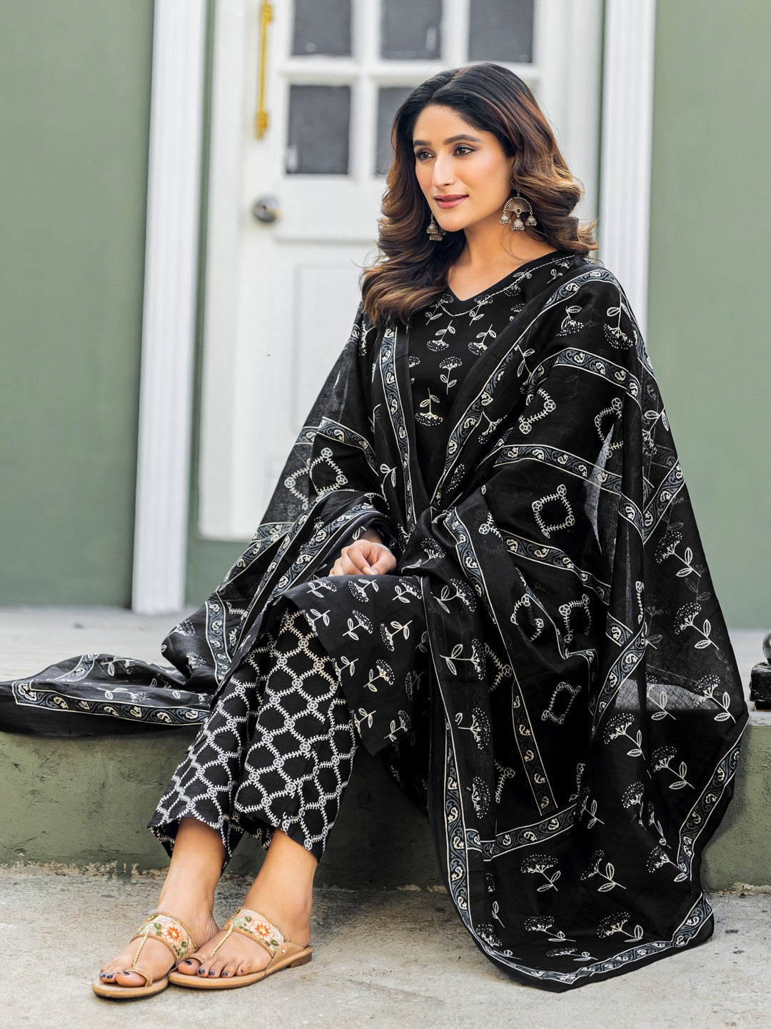 elegant black printed kurta set with coordinated dupatta