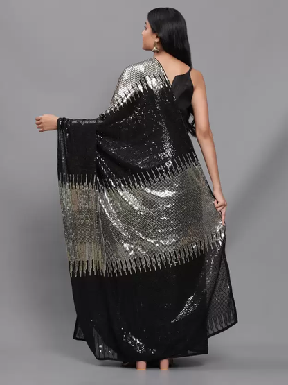 Women's Silk & Georgette Gold Saree With Unstiched Blouse Piece