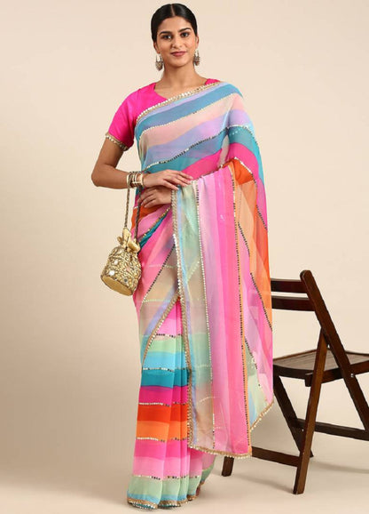 Women's Chinnon Silk Multicolor Saree With Blouse Piece