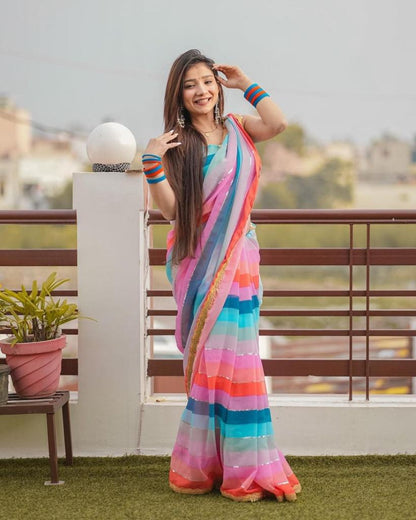 Women's Georgette Multicolor Saree With Blouse Piece