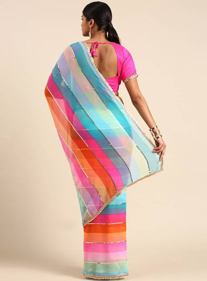 Women's Chinnon Silk Multicolor Saree With Blouse Piece
