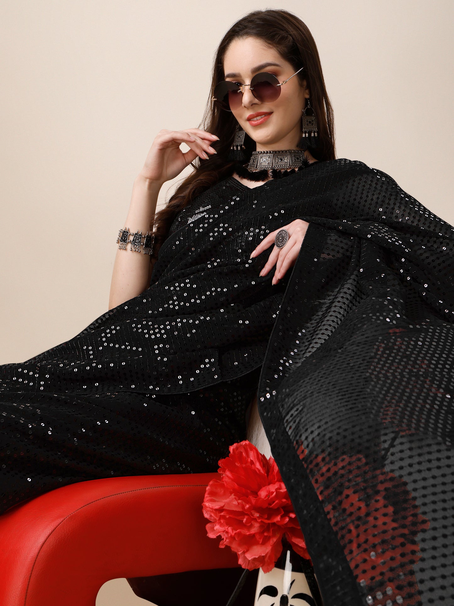 georgette women's black saree silk with blouse piece ( 0143-black )