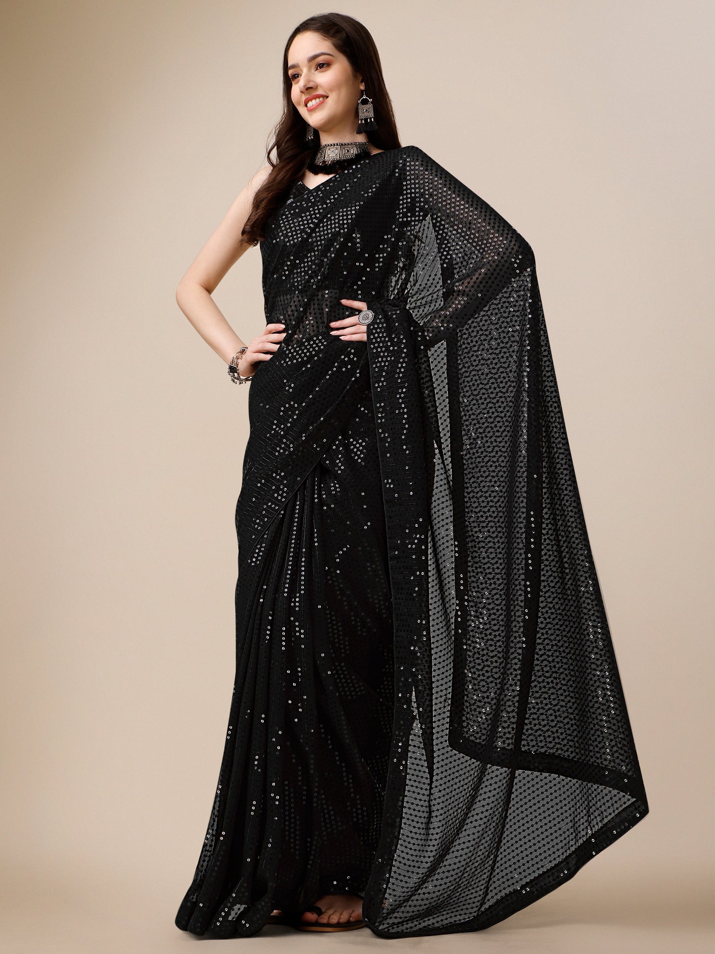 georgette women's black saree silk with blouse piece ( 0143-black )