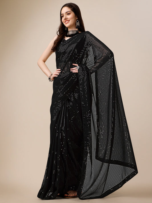 Georgette Women's Black Saree Silk With Blouse Piece ( 0143-Black )