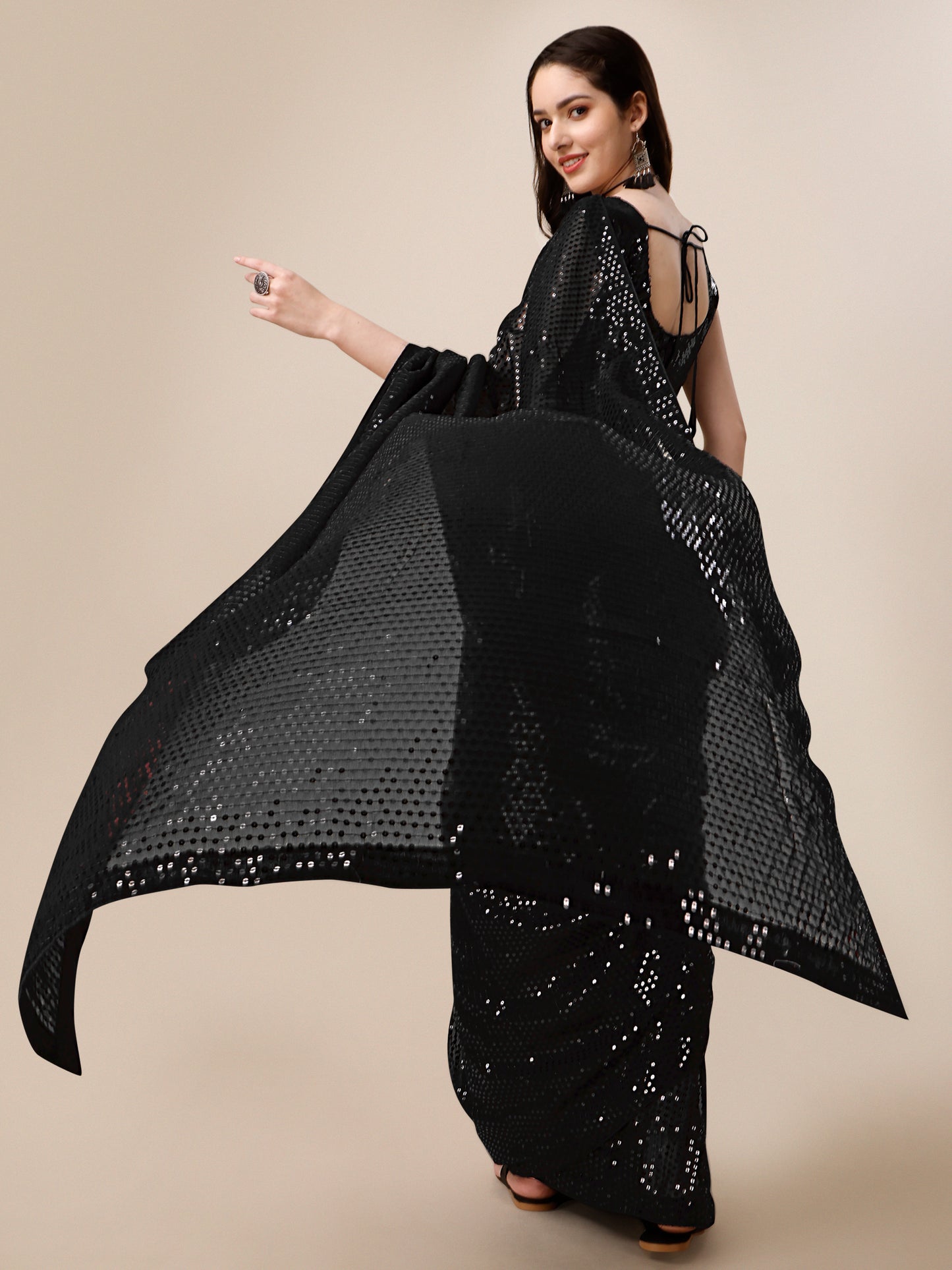 georgette women's black saree silk with blouse piece ( 0143-black )