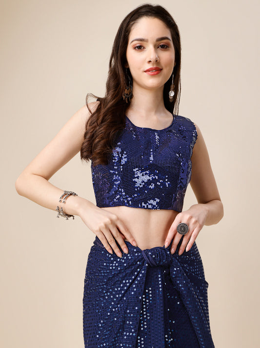 Georgette Women's Blue Saree Silk With Blouse Piece ( 0143-Dark_Blue )