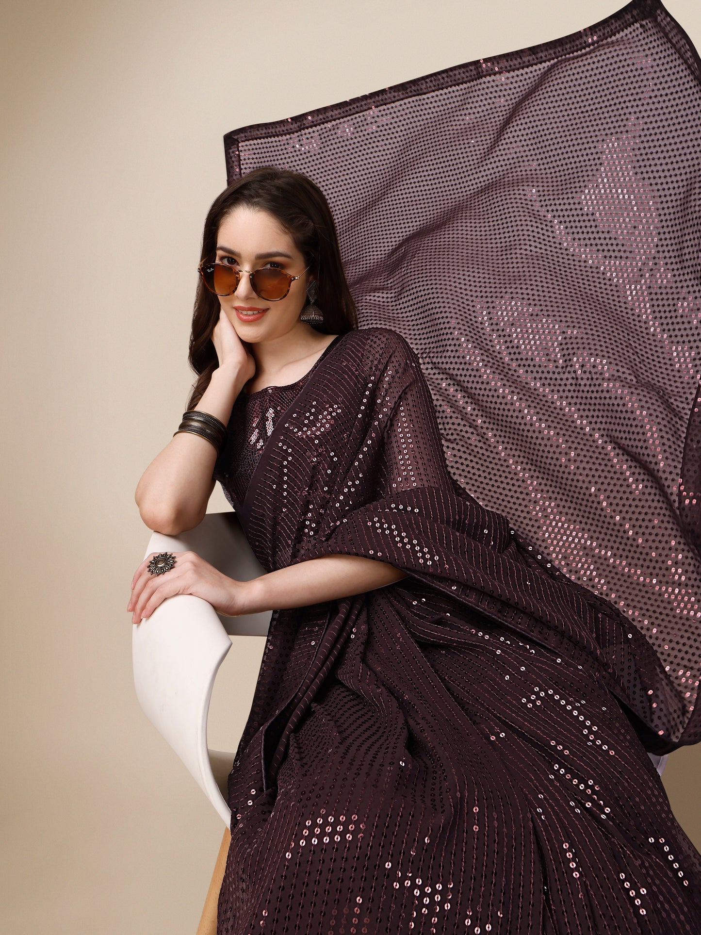 georgette women's brown saree silk with blouse piece (0143-coffee )