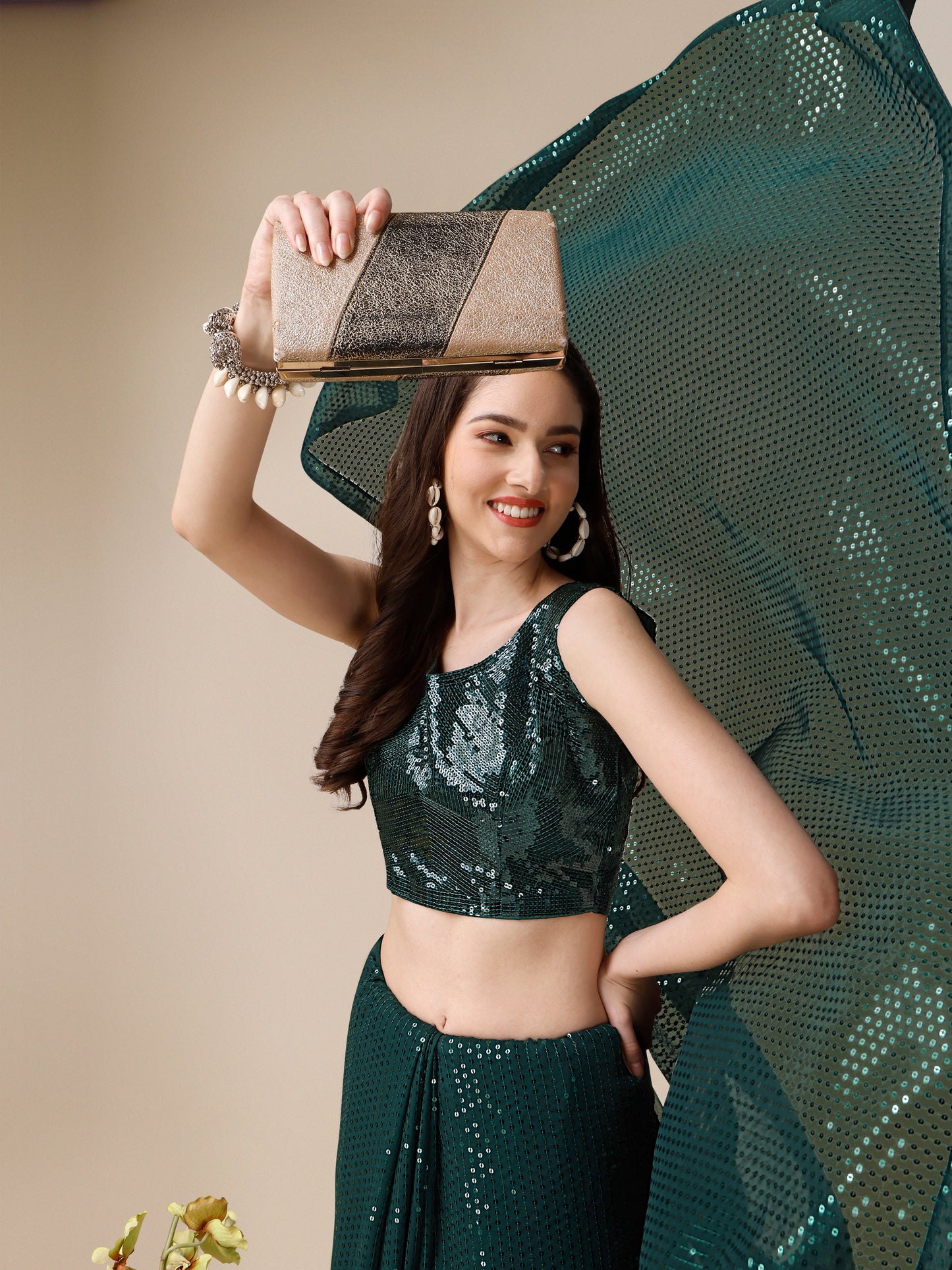 georgette women's green saree silk with blouse piece (0143-green )