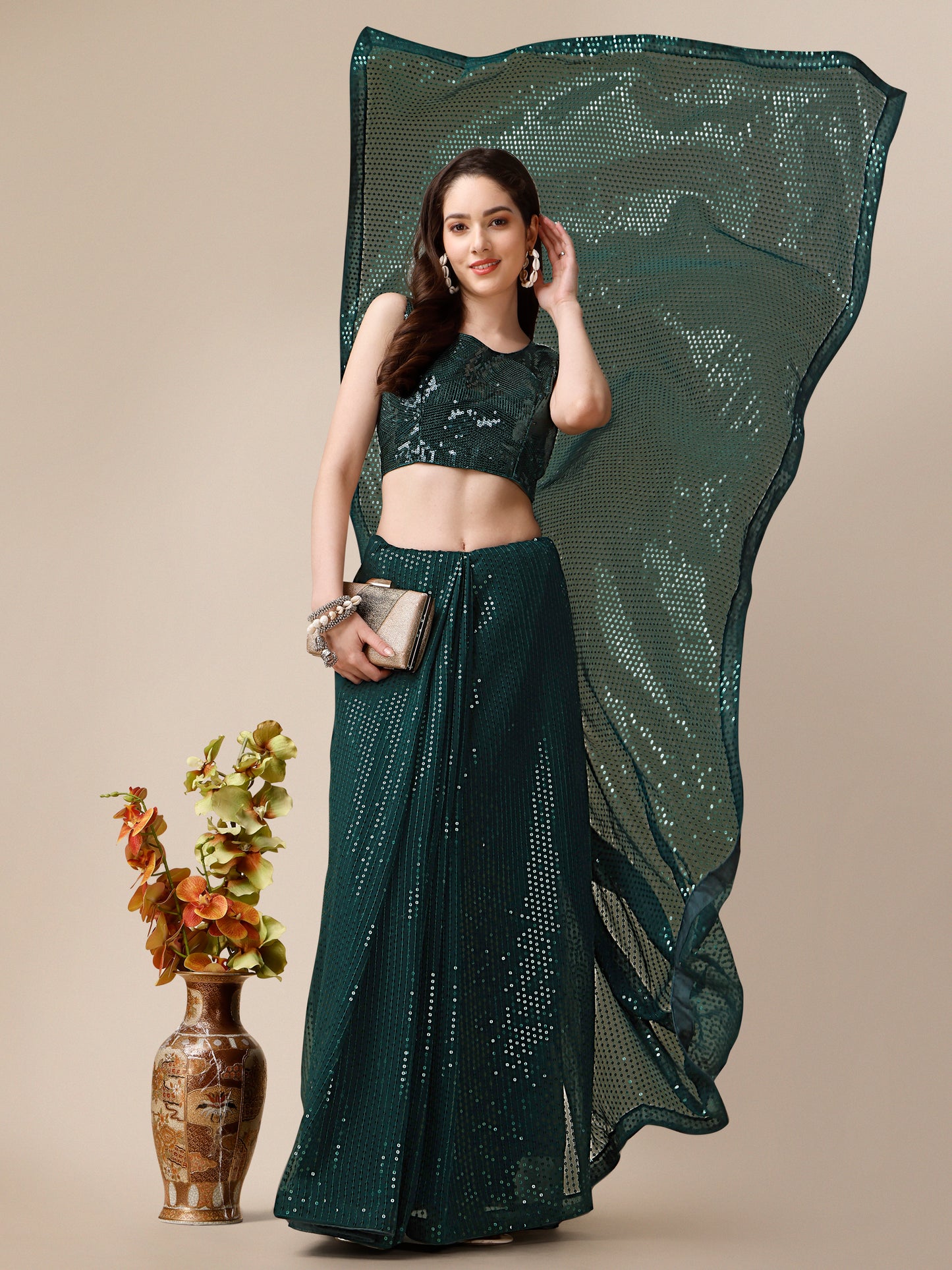 georgette women's green saree silk with blouse piece (0143-green )